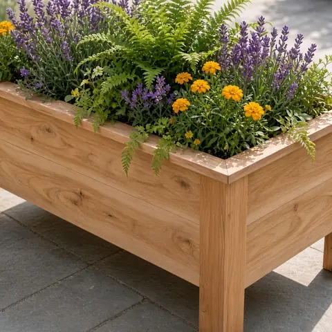 Rectangular cedar planter with lavender, ferns and marigolds